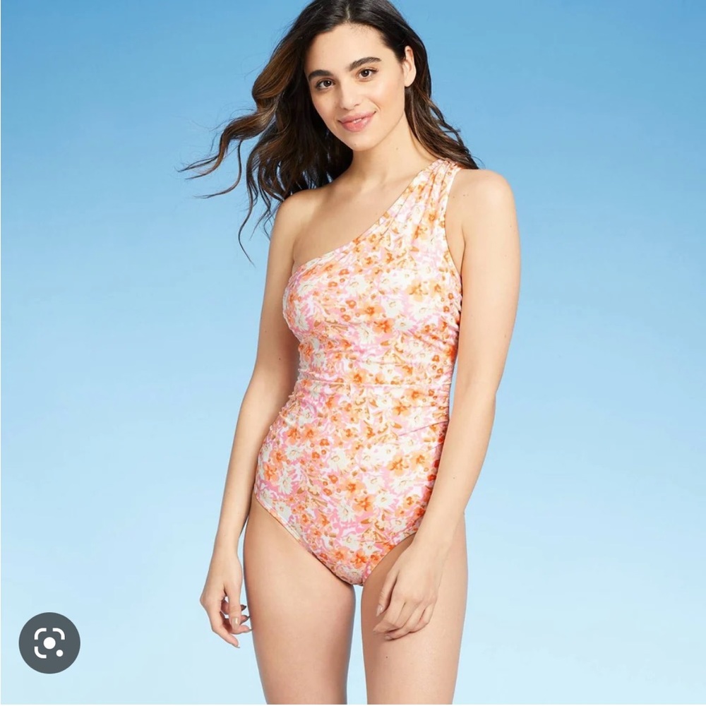 Kona Sol orange and pink  floral one piece one shoulder bathing swimsuit